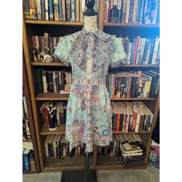 DALIA MACPHEE Printed A Line Dress M Green Jade Pleated Frill Bow Neck D725 - Picture 1 of 8